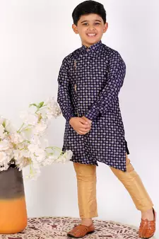 Navy Blue Embellished Silk Cut Kurta Pajama Set