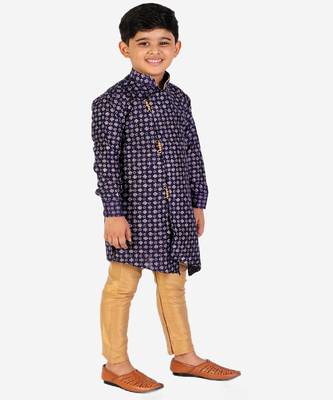 Navy Blue Embellished Silk Cut Kurta Pajama Set 3