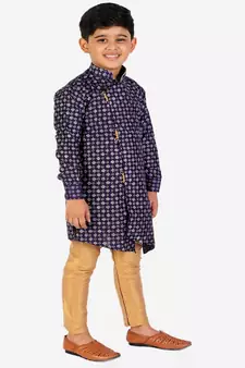 Navy Blue Embellished Silk Cut Kurta Pajama Set