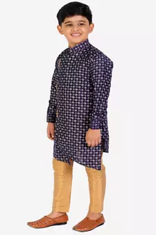 Navy Blue Embellished Silk Cut Kurta Pajama Set