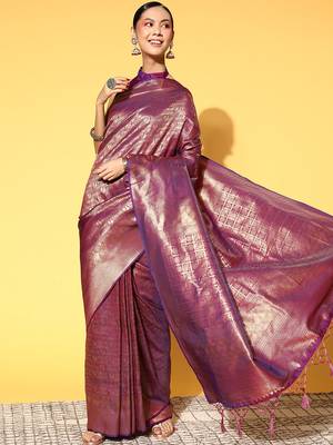 SAREE MALL Women's Silk Blend Purple Woven Design Celebrity Saree With Blouse Piece 1