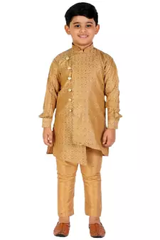 Beige Silk Embellished Cut Kurta Pajama Set