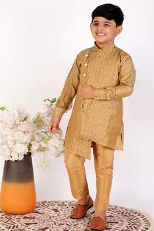Beige Silk Embellished Cut Kurta Pajama Set