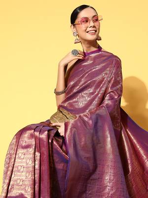 SAREE MALL Women's Silk Blend Purple Woven Design Celebrity Saree With Blouse Piece 3