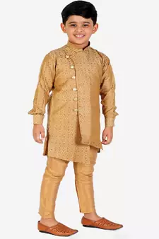 Beige Silk Embellished Cut Kurta Pajama Set