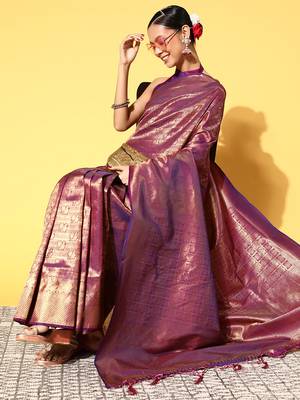 SAREE MALL Women's Silk Blend Purple Woven Design Celebrity Saree With Blouse Piece 4