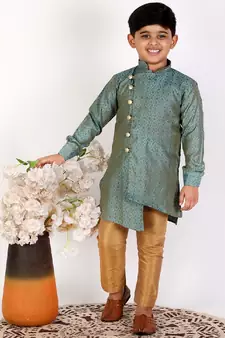 Dark Green Silk Embellished Cut Kurta Pajama Set