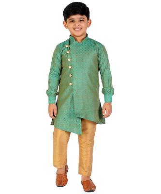 Green Silk Embellished Cut Kurta Pajama Set 1