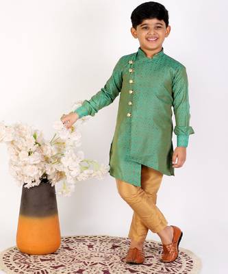 Green Silk Embellished Cut Kurta Pajama Set 2