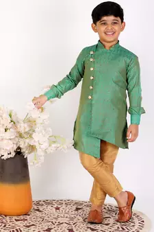 Green Silk Embellished Cut Kurta Pajama Set