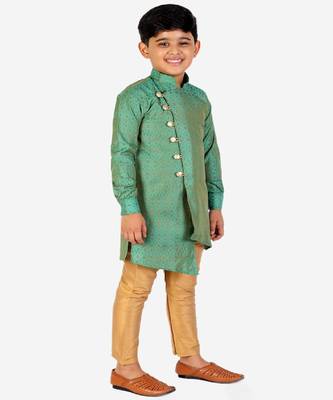 Green Silk Embellished Cut Kurta Pajama Set 3