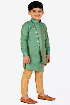 Green Silk Embellished Cut Kurta Pajama Set