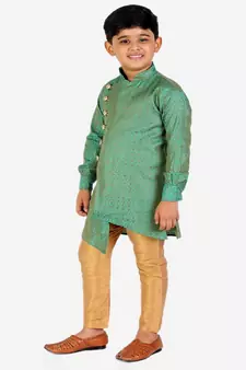 Green Silk Embellished Cut Kurta Pajama Set