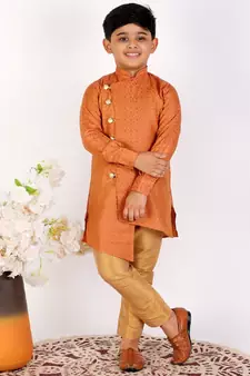 Orange Silk Embellished Cut Kurta Pajama Set