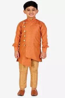 Orange Silk Embellished Cut Kurta Pajama Set