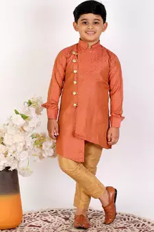 Rust Silk Embellished Cut Kurta Pajama Set