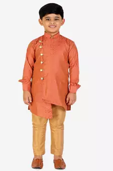 Rust Silk Embellished Cut Kurta Pajama Set