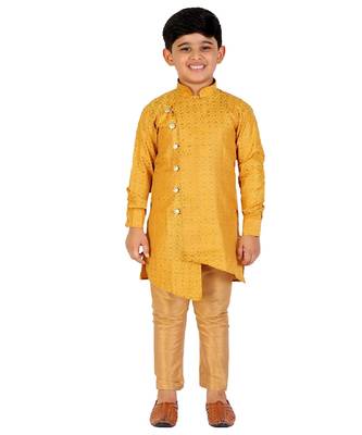Yellow Silk Embellished Cut Kurta Pajama Set 1