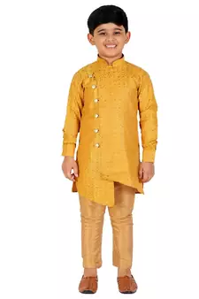 Yellow Silk Embellished Cut Kurta Pajama Set
