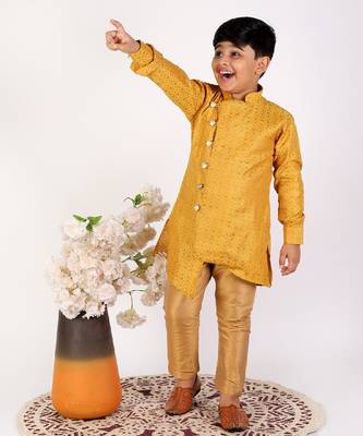 Yellow Silk Embellished Cut Kurta Pajama Set 2