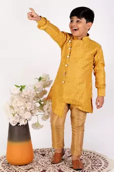 Yellow Silk Embellished Cut Kurta Pajama Set