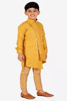 Yellow Silk Embellished Cut Kurta Pajama Set