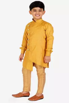 Yellow Silk Embellished Cut Kurta Pajama Set