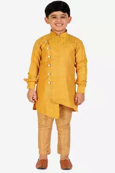 Yellow Silk Embellished Cut Kurta Pajama Set