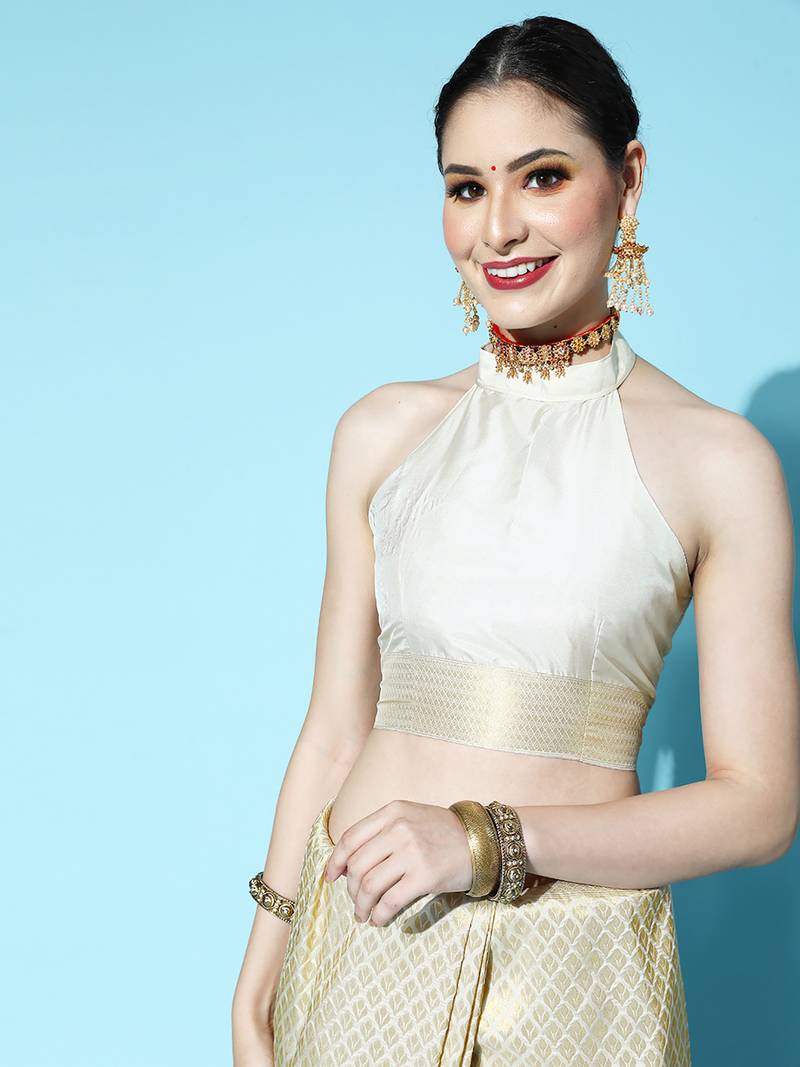 SAREE MALL Women's Silk Blend Cream Woven Design Celebrity Saree