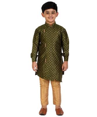 Dark Green Embellished Silk Cut Kurta Pajama Set 1