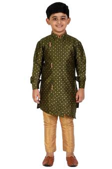 Dark Green Embellished Silk Cut Kurta Pajama Set