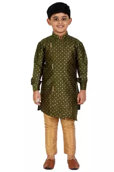 Dark Green Embellished Silk Cut Kurta Pajama Set
