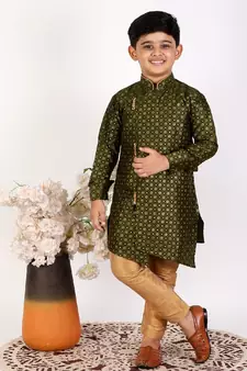 Dark Green Embellished Silk Cut Kurta Pajama Set