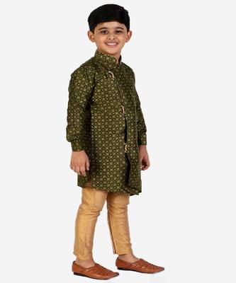 Dark Green Embellished Silk Cut Kurta Pajama Set 3