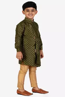 Dark Green Embellished Silk Cut Kurta Pajama Set