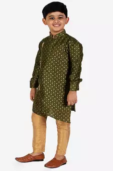 Dark Green Embellished Silk Cut Kurta Pajama Set