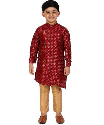Maroon Embellished Silk Cut Kurta Pajama Set 1