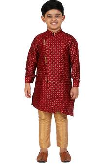 Maroon Embellished Silk Cut Kurta Pajama Set