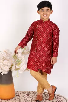 Maroon Embellished Silk Cut Kurta Pajama Set
