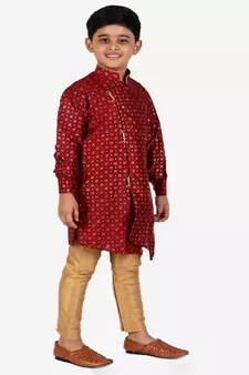 Maroon Embellished Silk Cut Kurta Pajama Set