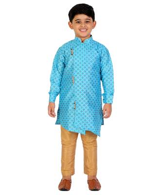 Sky Blue Embellished Silk Cut Kurta Pajama Set 1