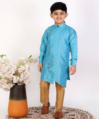 Sky Blue Embellished Silk Cut Kurta Pajama Set 2