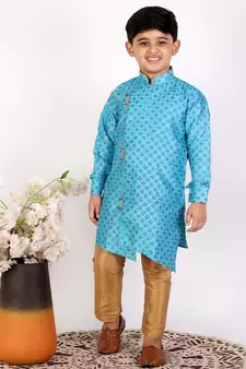 Sky Blue Embellished Silk Cut Kurta Pajama Set