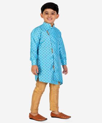 Sky Blue Embellished Silk Cut Kurta Pajama Set 3