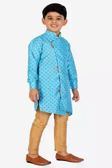 Sky Blue Embellished Silk Cut Kurta Pajama Set