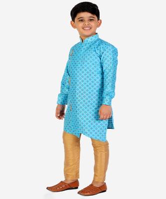 Sky Blue Embellished Silk Cut Kurta Pajama Set 4