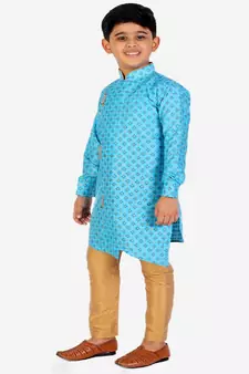 Sky Blue Embellished Silk Cut Kurta Pajama Set