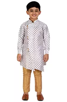 White Embellished Silk Cut Kurta Pajama Set