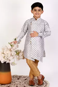 White Embellished Silk Cut Kurta Pajama Set