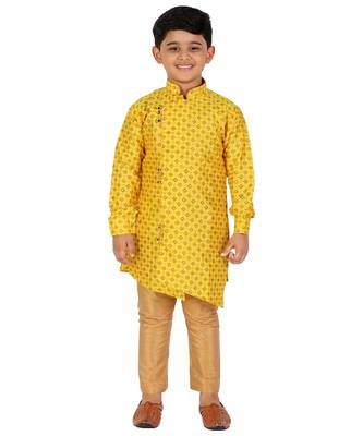 Yellow Embellished Silk Cut Kurta Pajama Set 1
